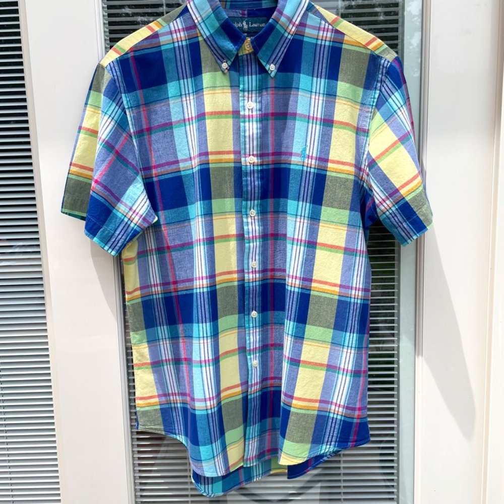 Ralph Lauren Custom Fit short sleeve plaid shirt.
